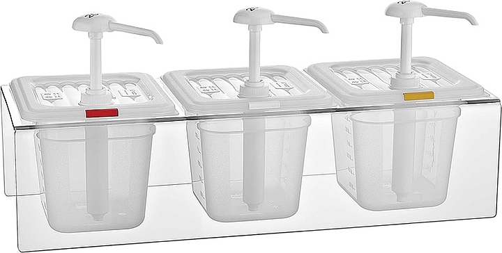Диспенсер для соуса Gastroplast GDP-03 3х2 л GN1/6 h=150 мм с дозатором 25 мл (полипропилен) на подставке (поликарбонат)…