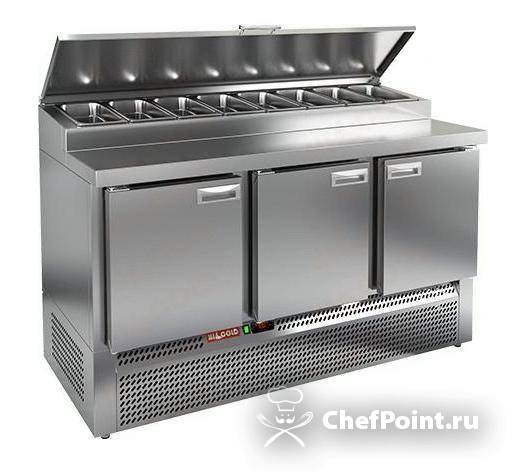 PZE1-111/GN (1/3H) стол для пиццы охл.(+2+10), 3 двери, 1485х700х850мм, глуб.раб.пов. 324мм, ниж.распол.агрегата, HICOLD…